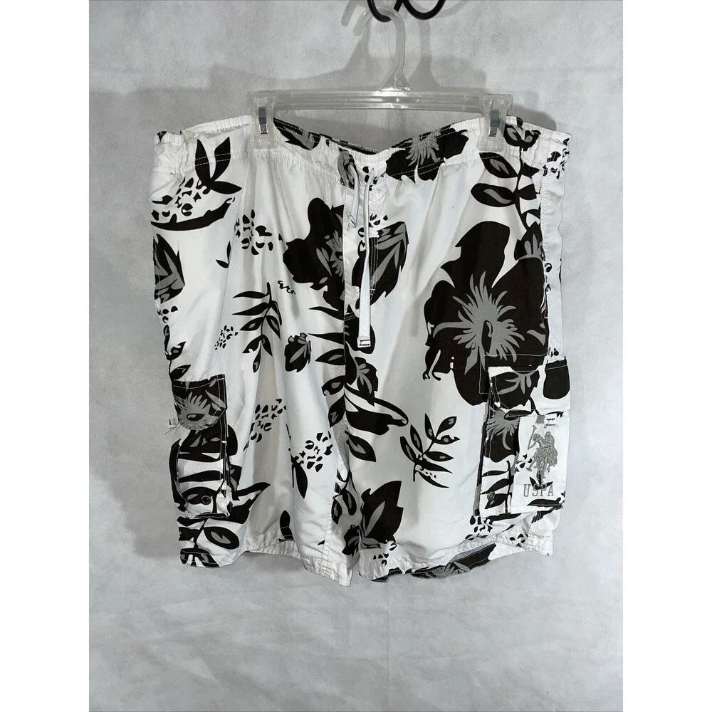 US Polo Swim Shorts Trunks Floral White Brown Size XL